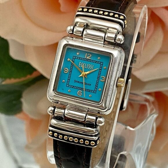 Vintage Ecclissi Sterling Silver Watch with Turquoise Dial and Gold-tone Accents - Picture 2 of 15